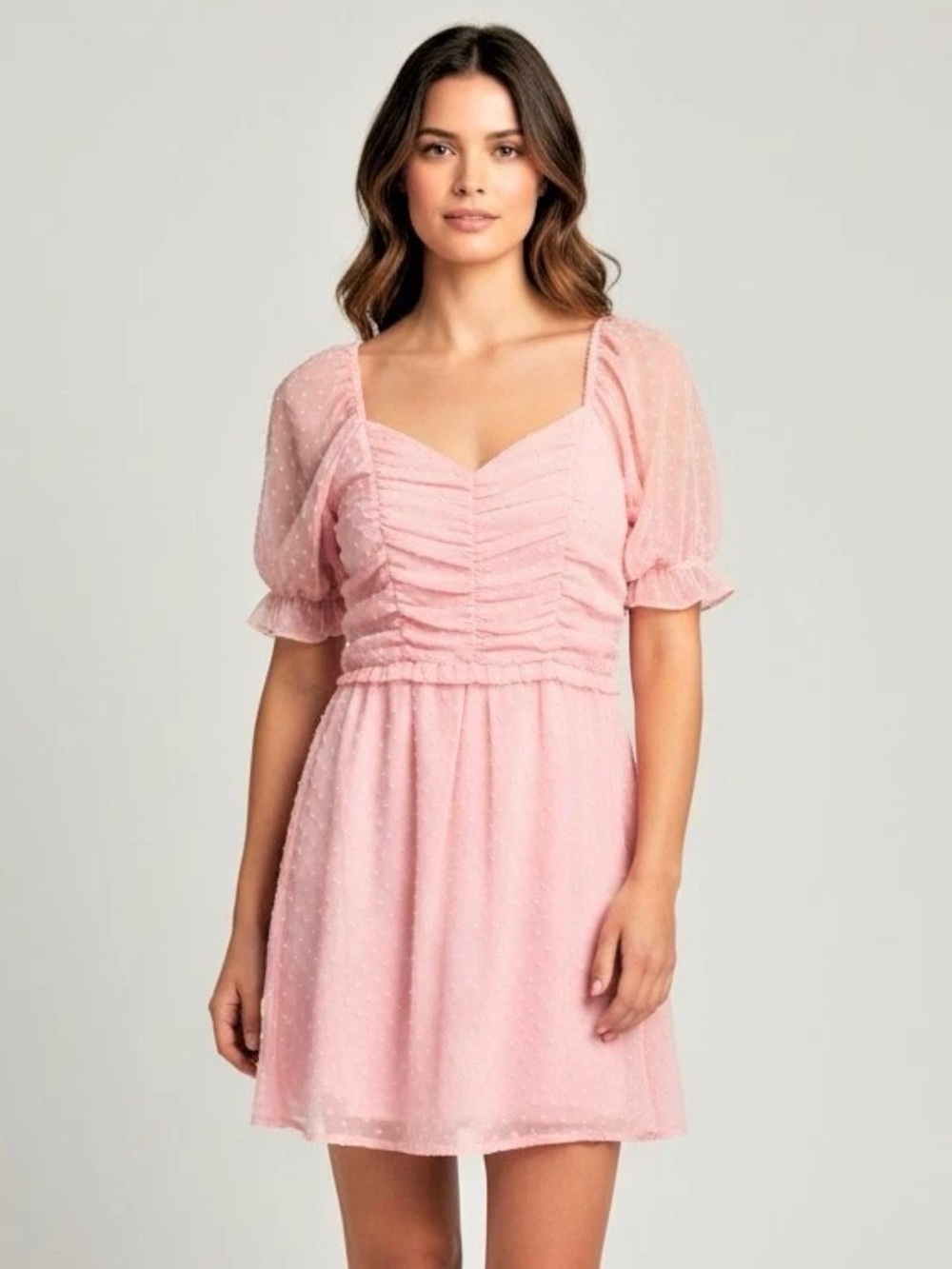 Andree Blush Pink Swiss-Dot Mini Dress with Puff Sleeves